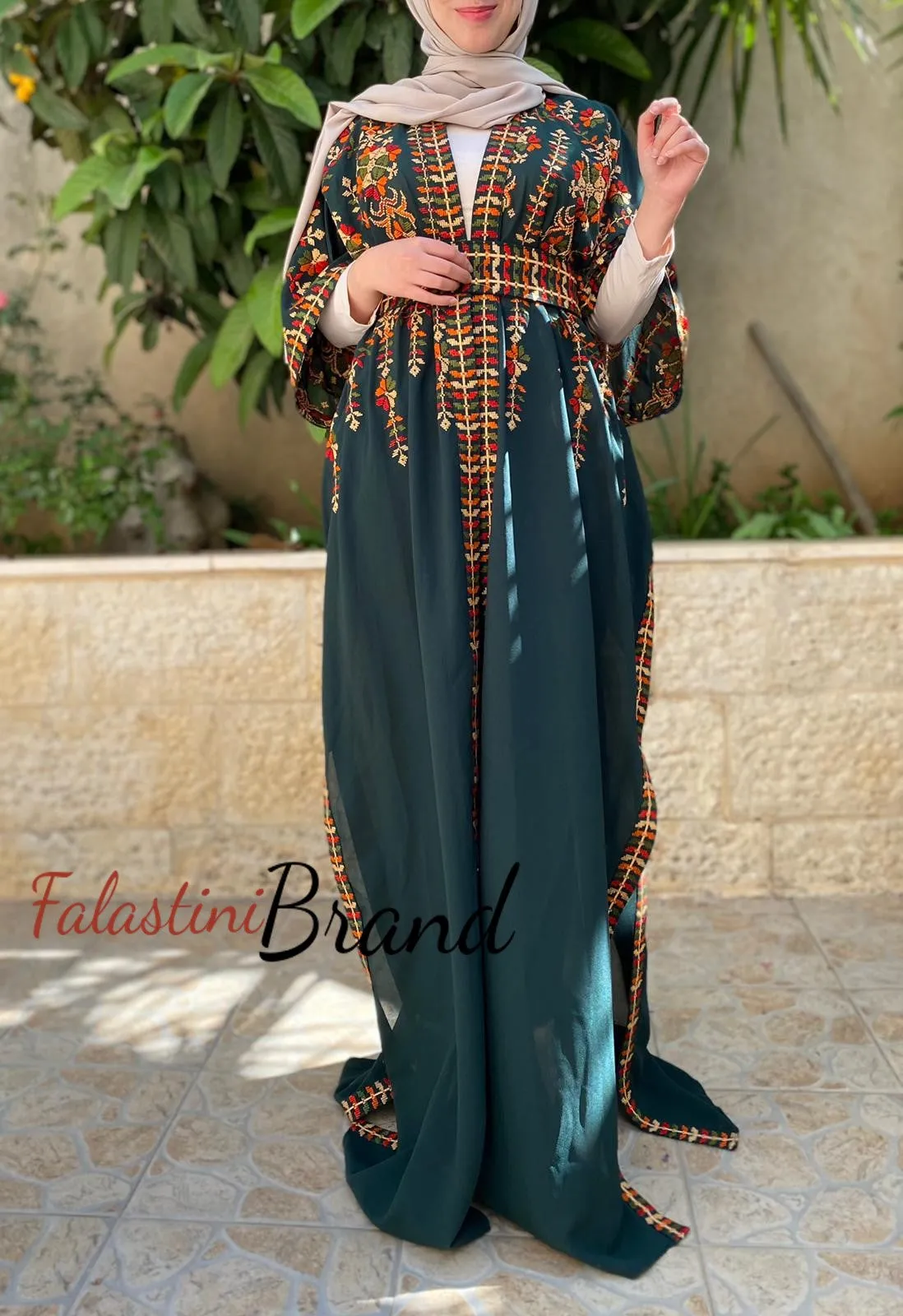 Green Embroidered Open Abaya