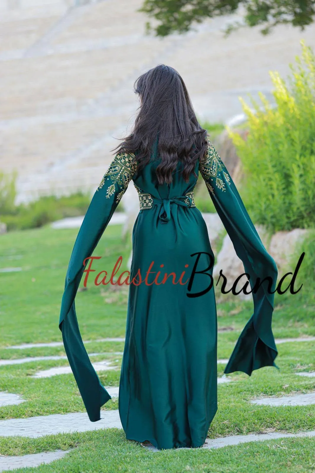 Green Satin Embroidered Dress with Yellowish Embroidery and Open Long Sleeves