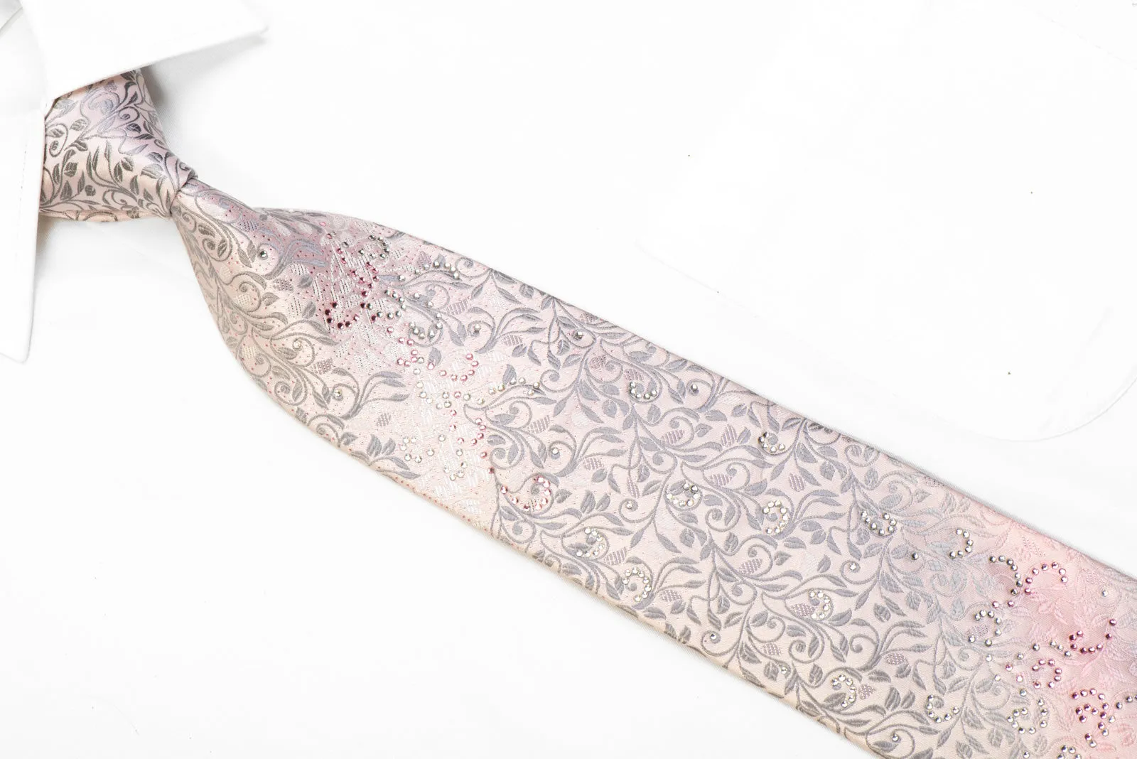 Indian Leaders Rhinestone Silk Tie Silver Floral Scrolls On Pale Pink With Sparkles