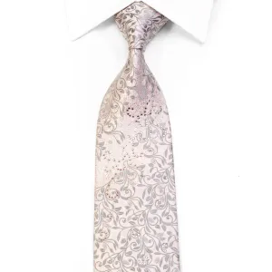 Indian Leaders Rhinestone Silk Tie Silver Floral Scrolls On Pale Pink With Sparkles