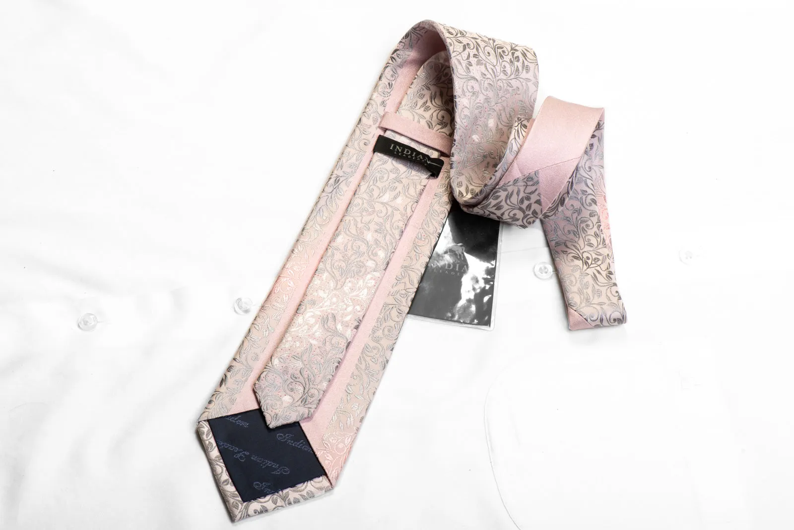 Indian Leaders Rhinestone Silk Tie Silver Floral Scrolls On Pale Pink With Sparkles