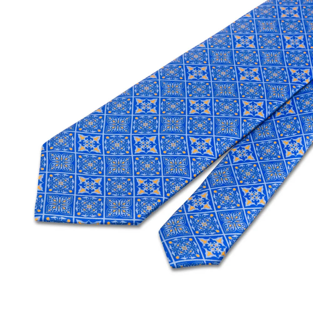 Light Blue Medieval Mosaic Duchesse Silk Tie