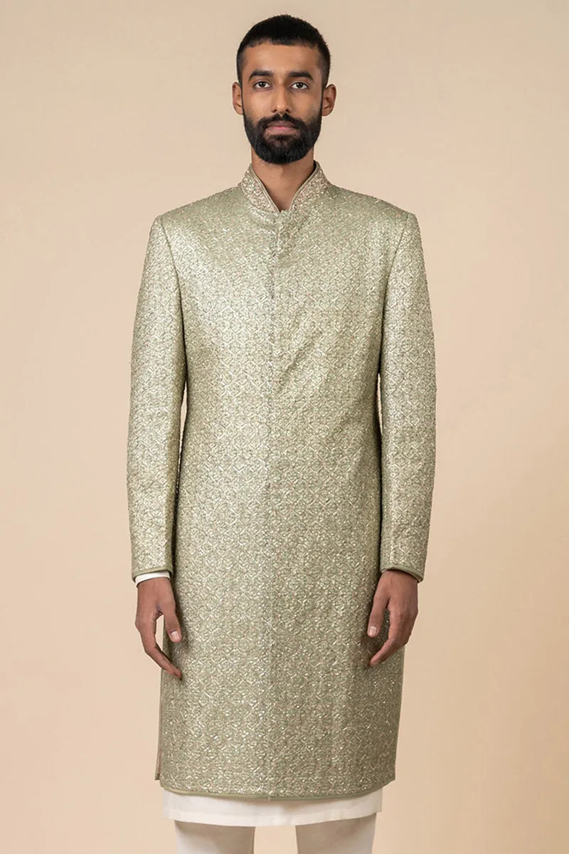 Light Green All Over Embroidered Brocade Sherwani