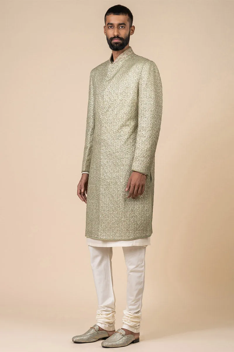 Light Green All Over Embroidered Brocade Sherwani