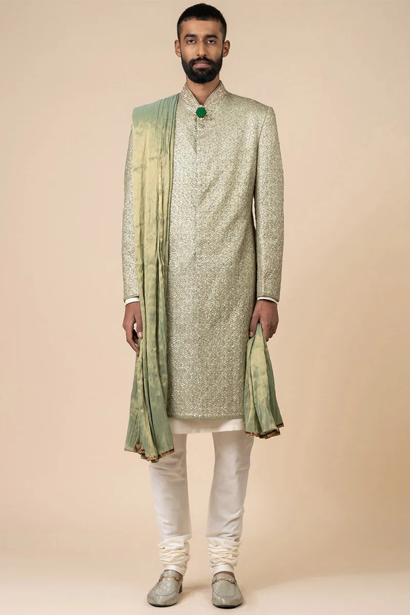 Light Green All Over Embroidered Brocade Sherwani