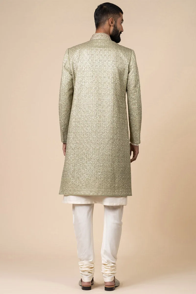 Light Green All Over Embroidered Brocade Sherwani