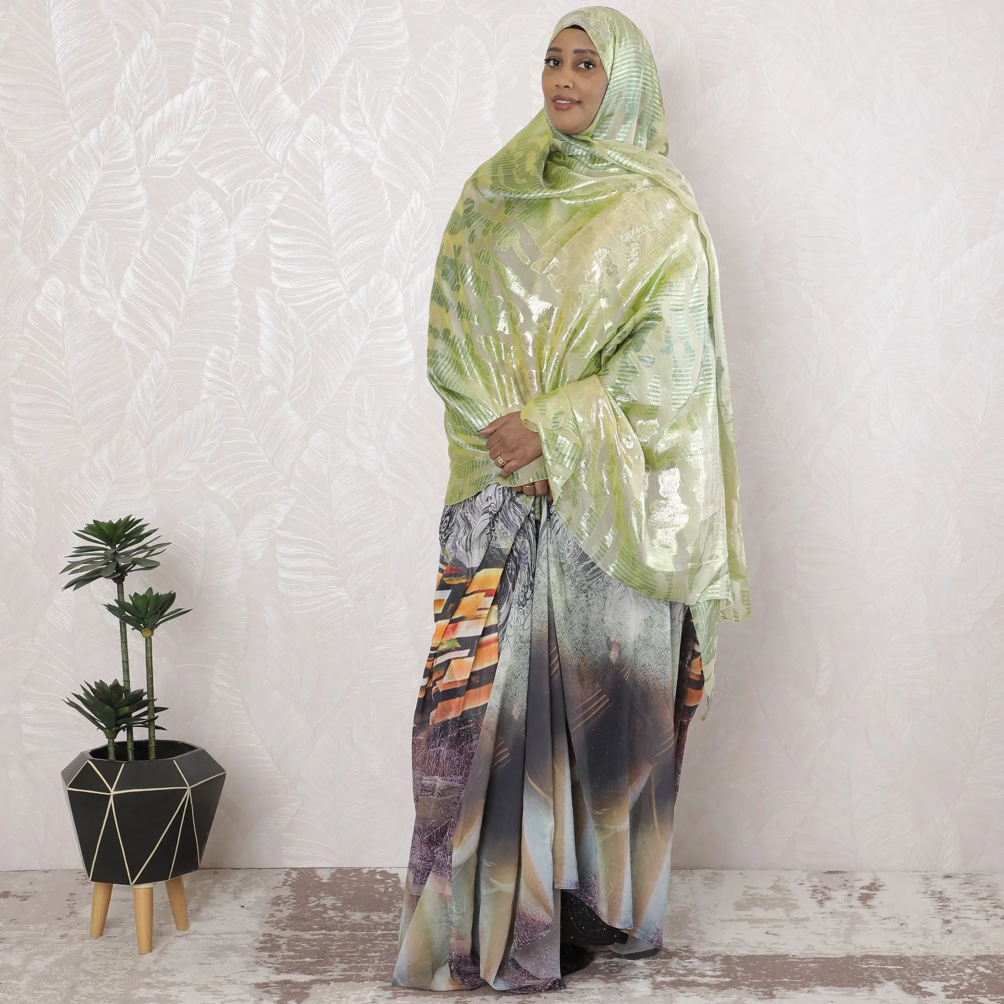 Light sage green Premium pure French (Fransawi) silk chiffon garbasaar with same tone, gold metallic lurex in abstract design-D17149