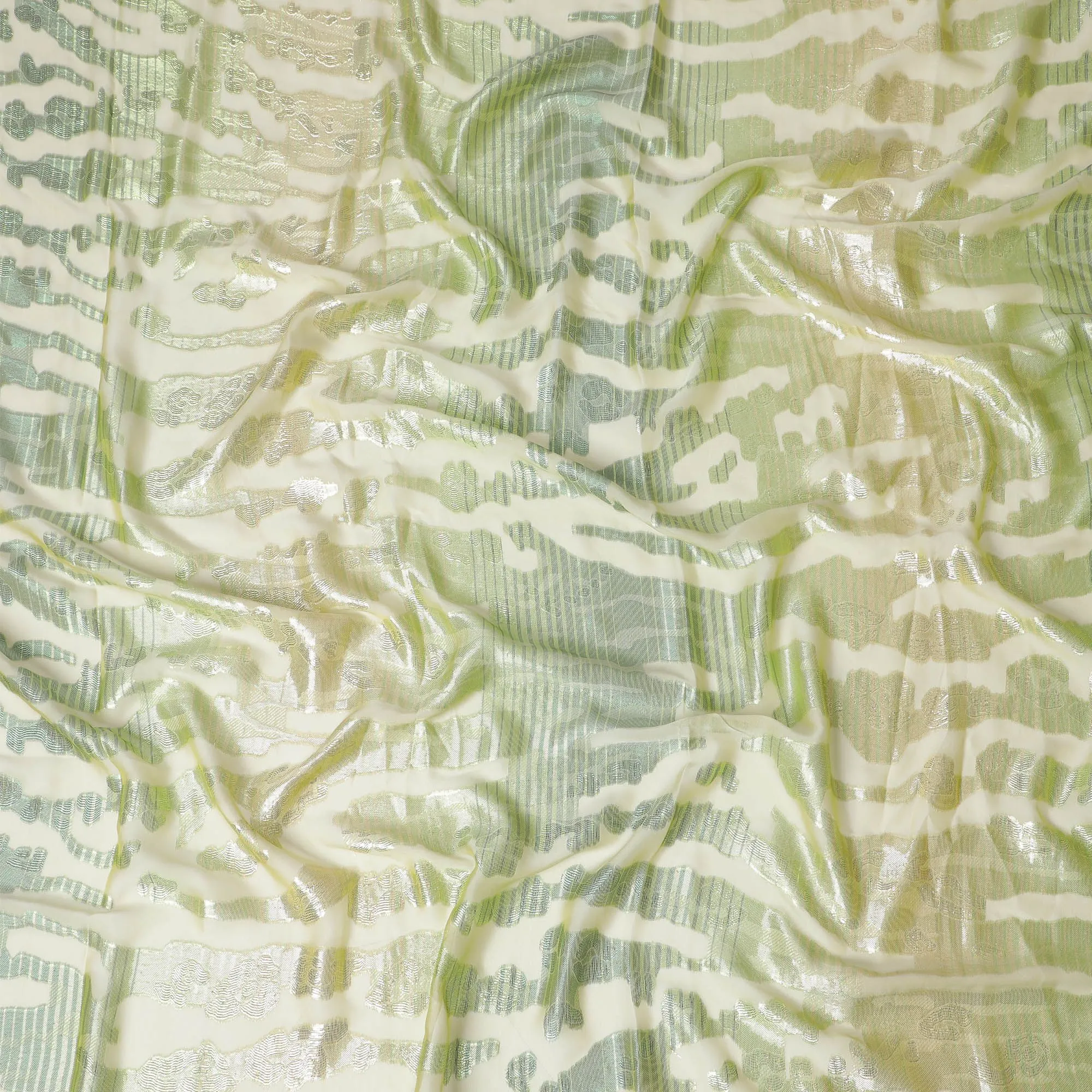 Light sage green Premium pure French (Fransawi) silk chiffon garbasaar with same tone, gold metallic lurex in abstract design-D17149