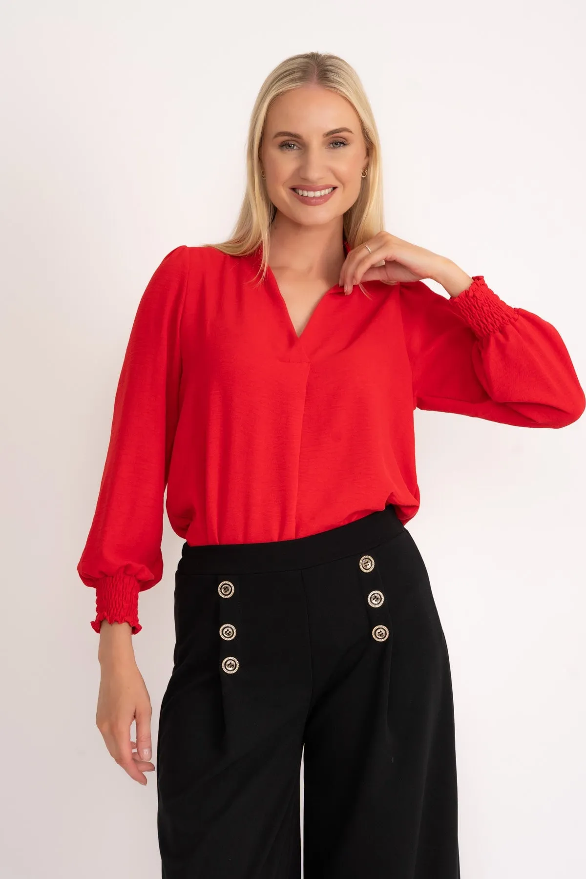 Long Sleeve Collarless Top in Red