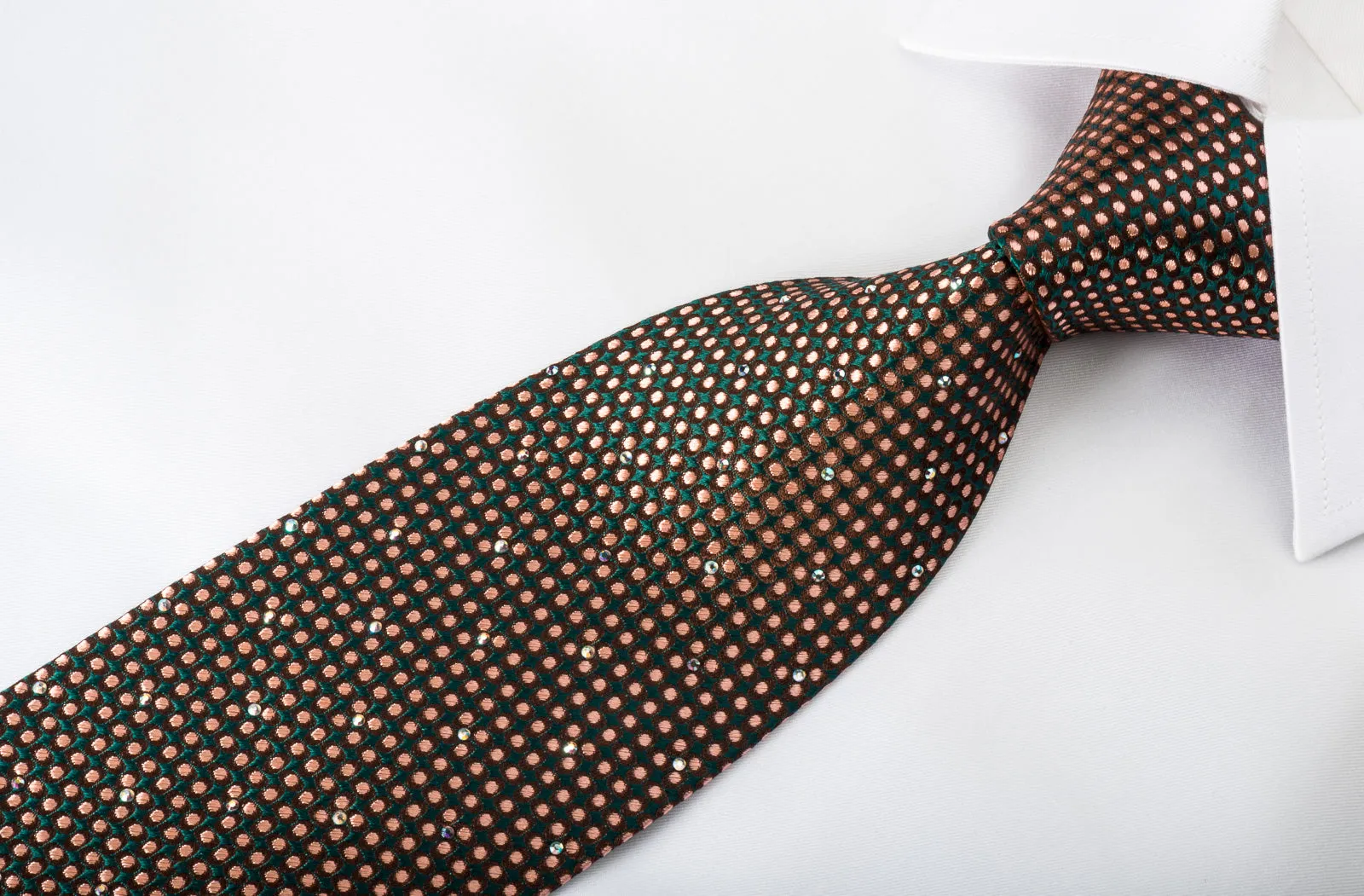 Louis Quatorze Silk Tie Orange Micro Dots On Brown Green With Rhinestones