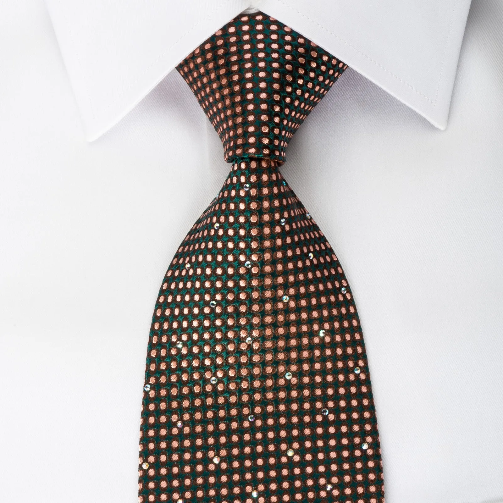 Louis Quatorze Silk Tie Orange Micro Dots On Brown Green With Rhinestones