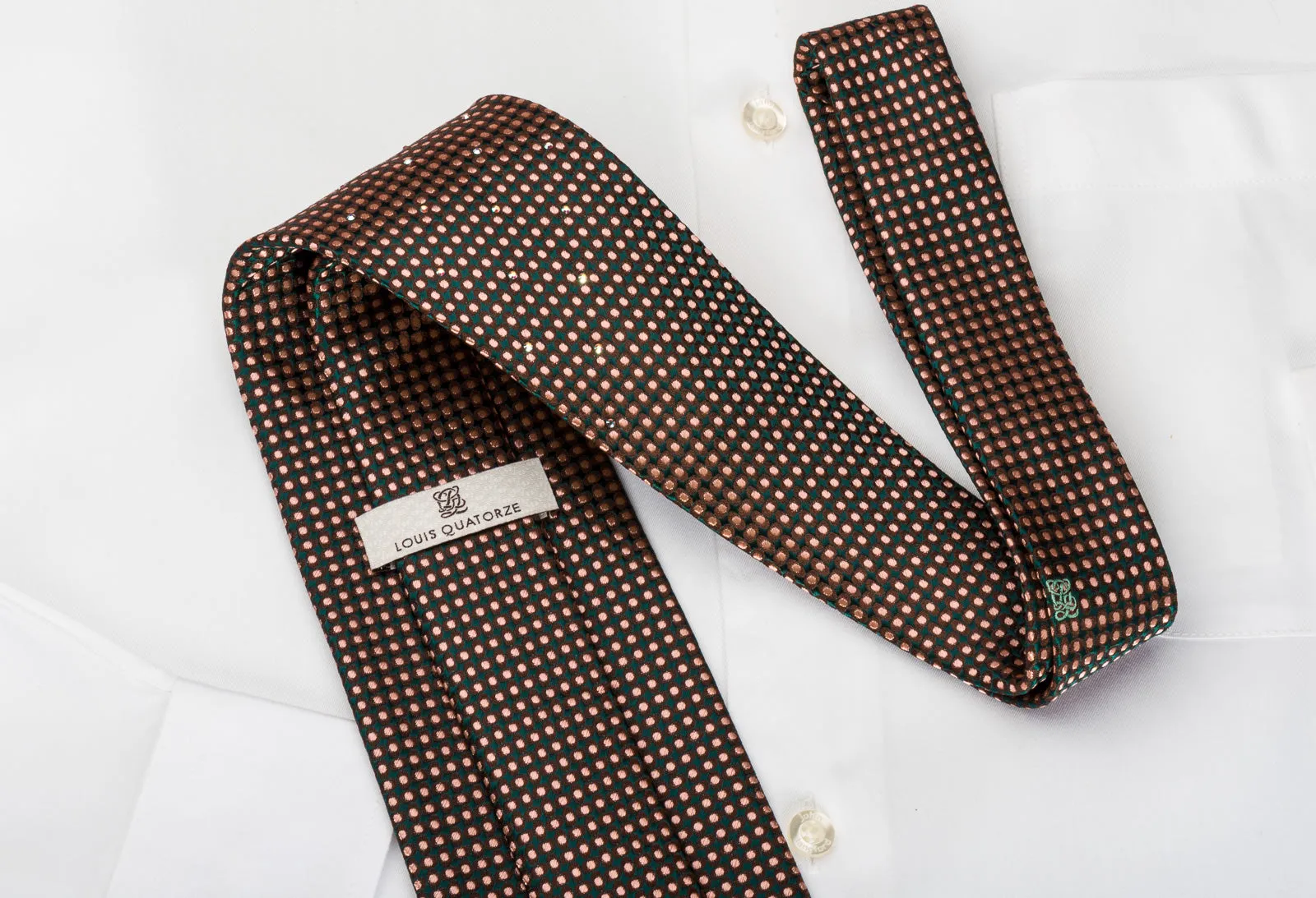 Louis Quatorze Silk Tie Orange Micro Dots On Brown Green With Rhinestones