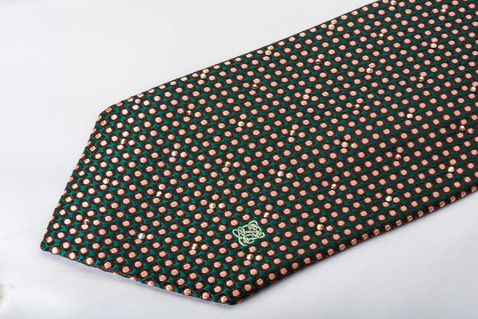 Louis Quatorze Silk Tie Orange Micro Dots On Brown Green With Rhinestones