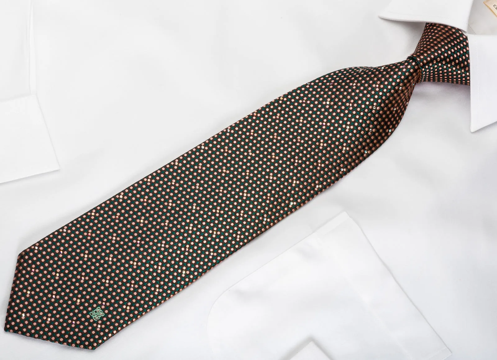 Louis Quatorze Silk Tie Orange Micro Dots On Brown Green With Rhinestones