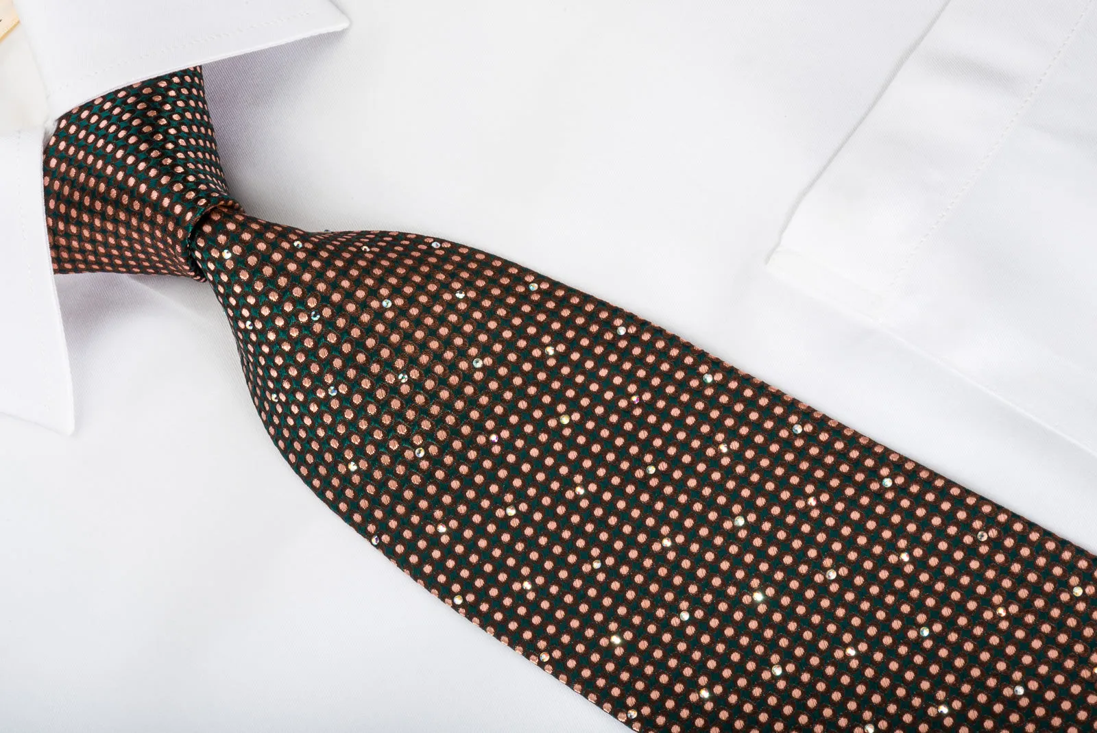 Louis Quatorze Silk Tie Orange Micro Dots On Brown Green With Rhinestones