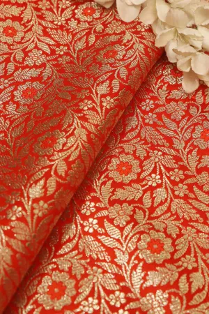 Luxurious Orange Banarasi Silk Satin Zari Brocade Fabric - Perfect for Elegant Creations ( 1 Mtr )