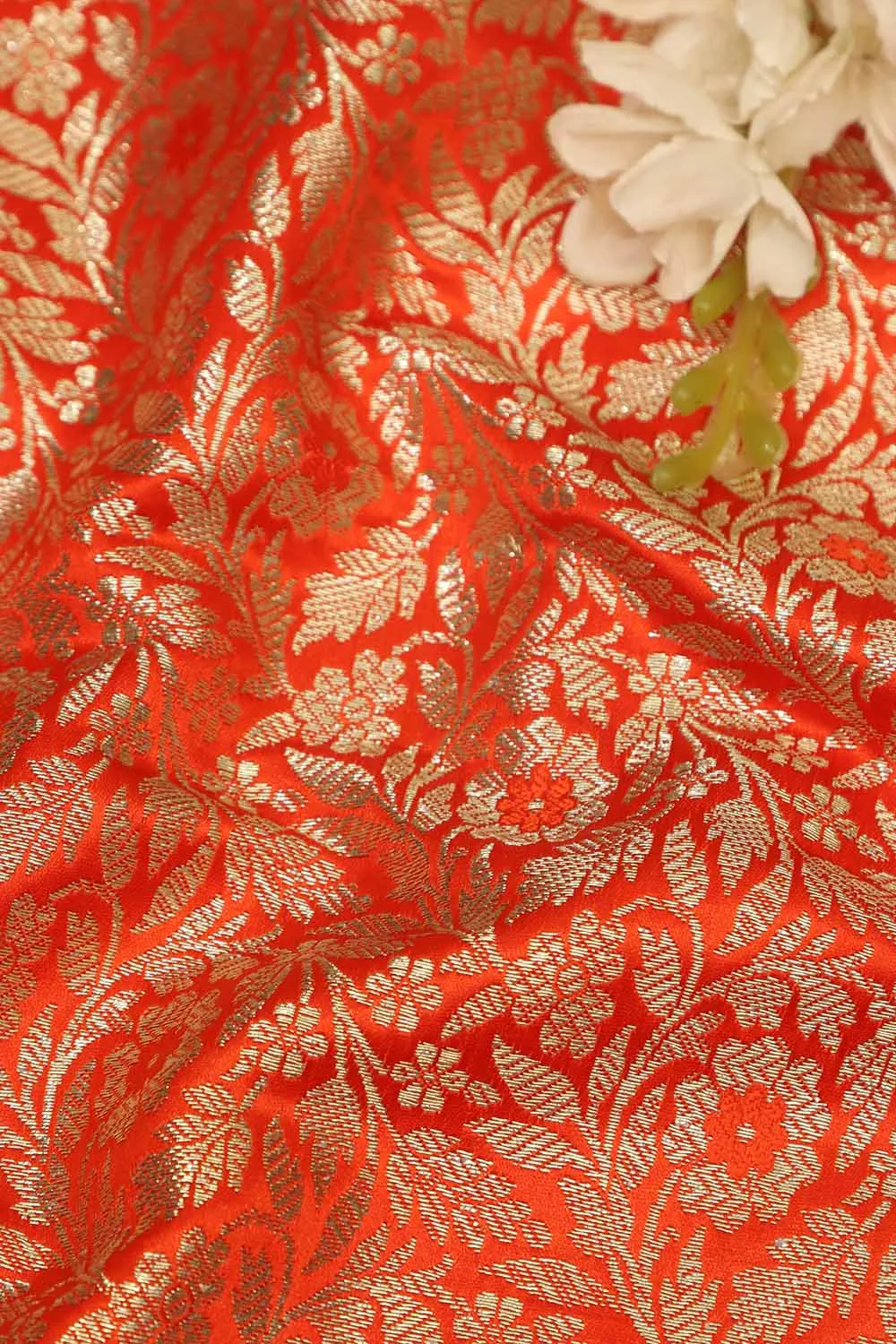 Luxurious Orange Banarasi Silk Satin Zari Brocade Fabric - Perfect for Elegant Creations ( 1 Mtr )