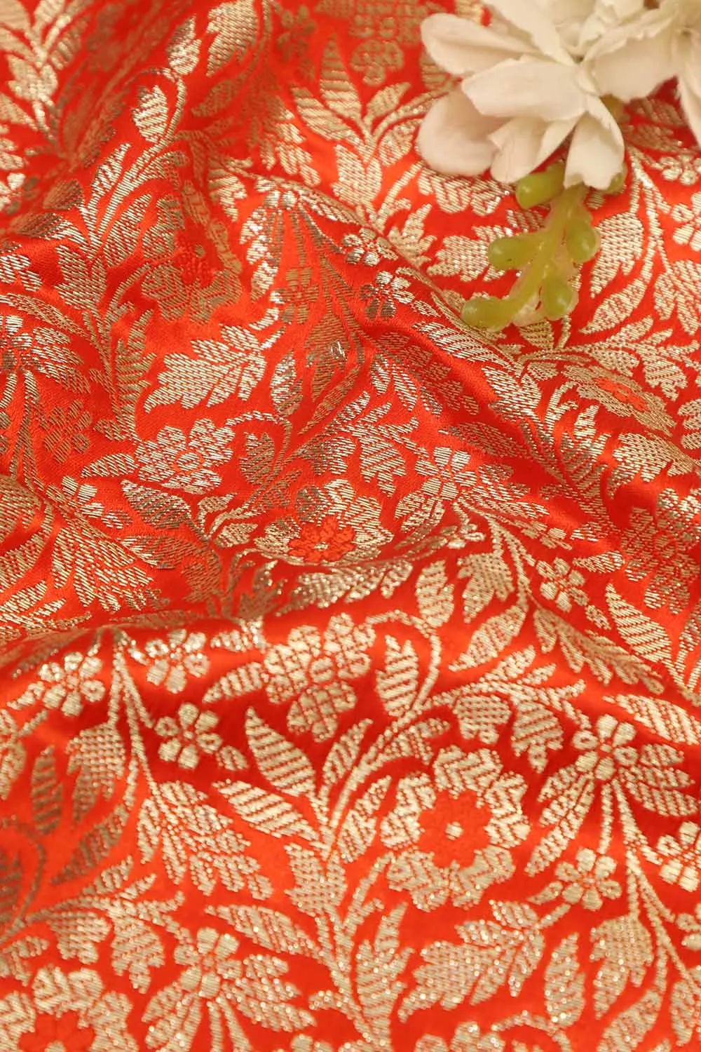 Luxurious Orange Banarasi Silk Satin Zari Brocade Fabric - Perfect for Elegant Creations ( 1 Mtr )