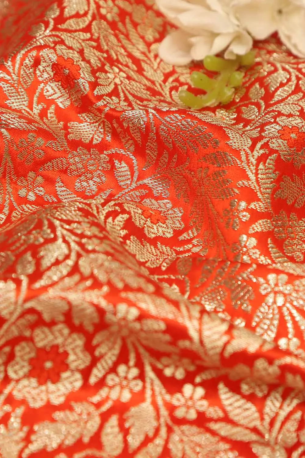 Luxurious Orange Banarasi Silk Satin Zari Brocade Fabric - Perfect for Elegant Creations ( 1 Mtr )