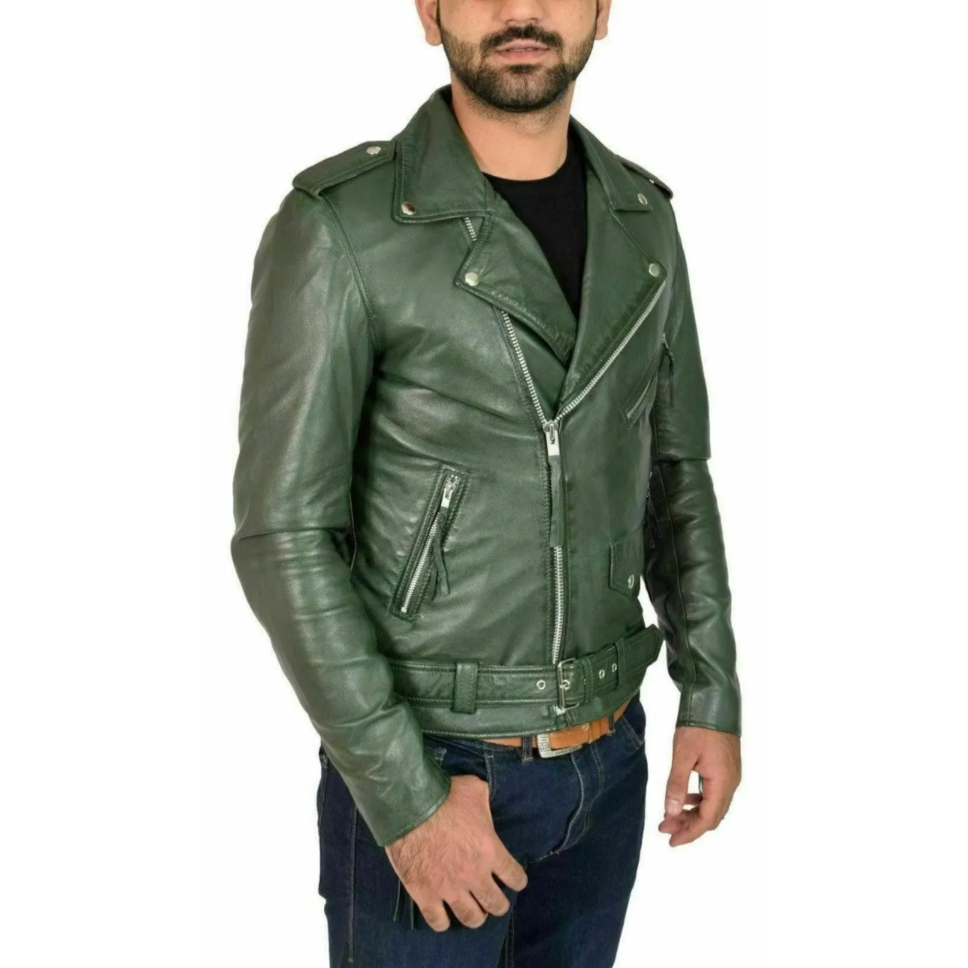 Men's Stylish Olive Green Lambskin Motorcycle Biker Slim Fit Leather Jacket with Belted