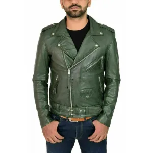 Men's Stylish Olive Green Lambskin Motorcycle Biker Slim Fit Leather Jacket with Belted