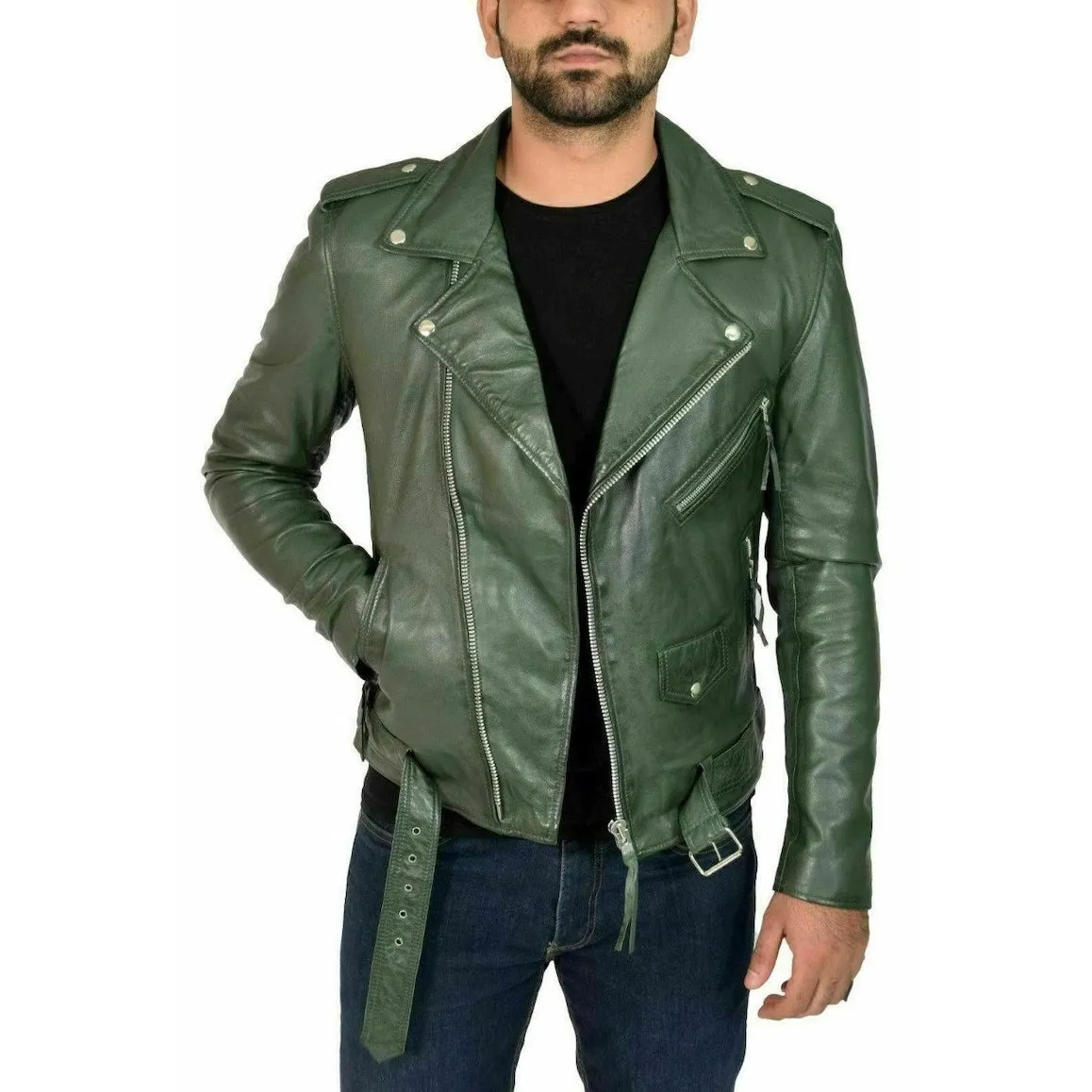 Men's Stylish Olive Green Lambskin Motorcycle Biker Slim Fit Leather Jacket with Belted