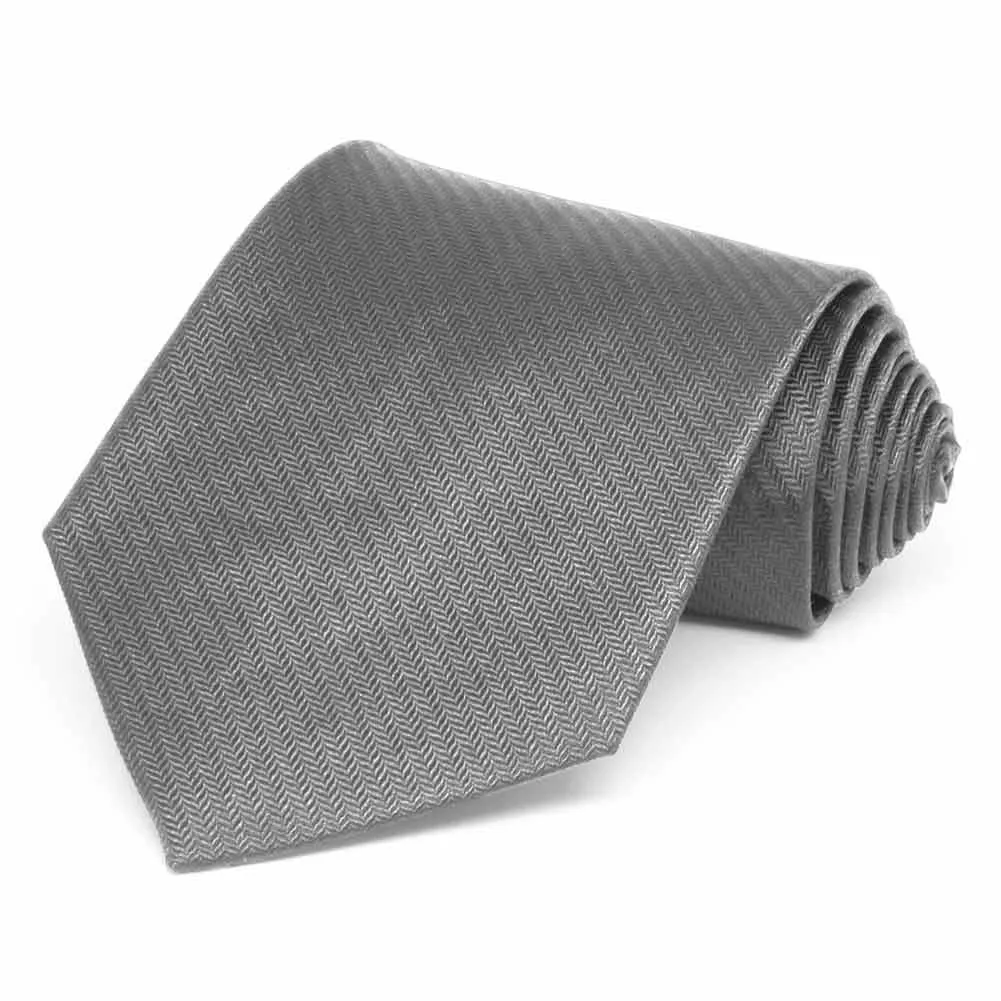 Mercury Silver Herringbone Silk Extra Long Necktie