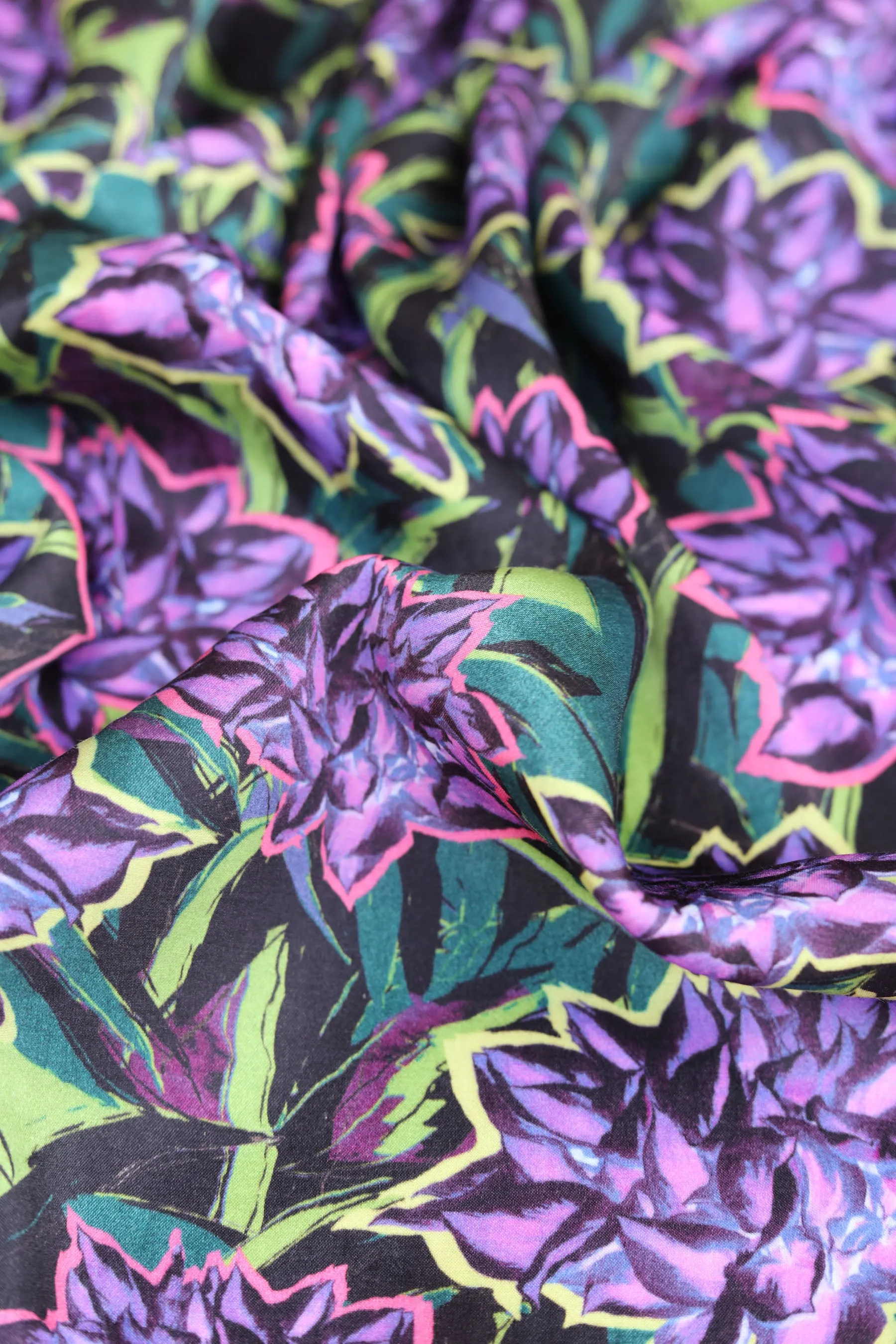 Midnight Purple & Mauve Floral Printed Gaji Silk Fabric