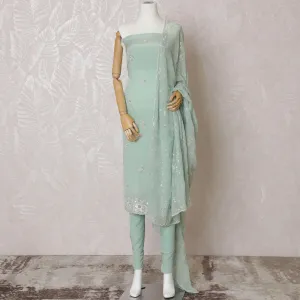 Mint green Premium pure silk crepe kameez with multicolor bead and sequin embroidery in floral design. Mint green plain salwar having same tone chiffon dupatta with multicolor bead and sequin embrodiery-D15004