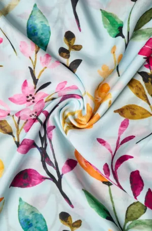 Multicolor Pink Yellow Floral Pattern Printed Natural Muslin Silk Fabric