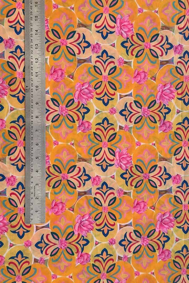 Mustard Floral Printed Muslin Fabric