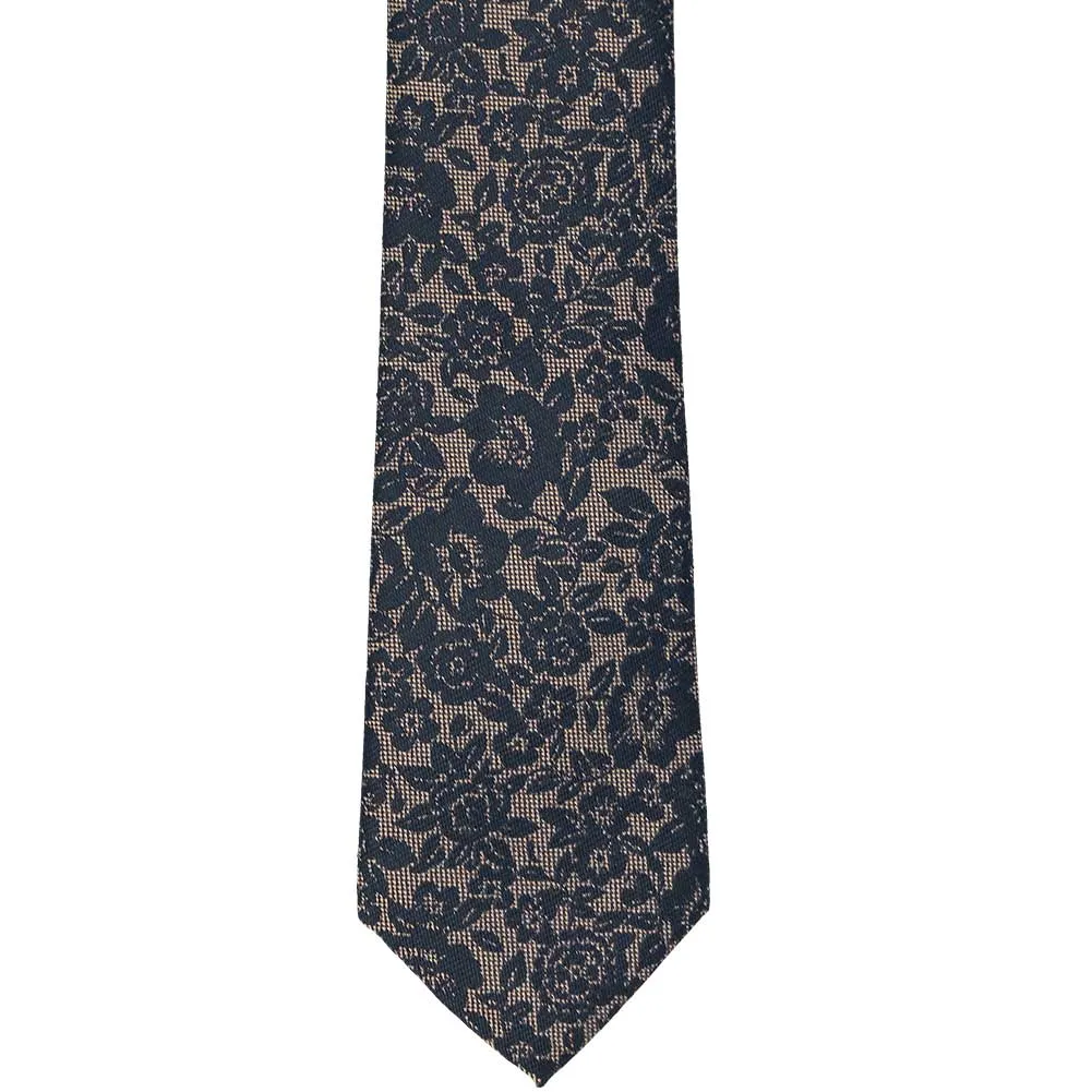 Navy Blue Journalist Floral Silk/Cotton Slim Necktie, 2.5" Width