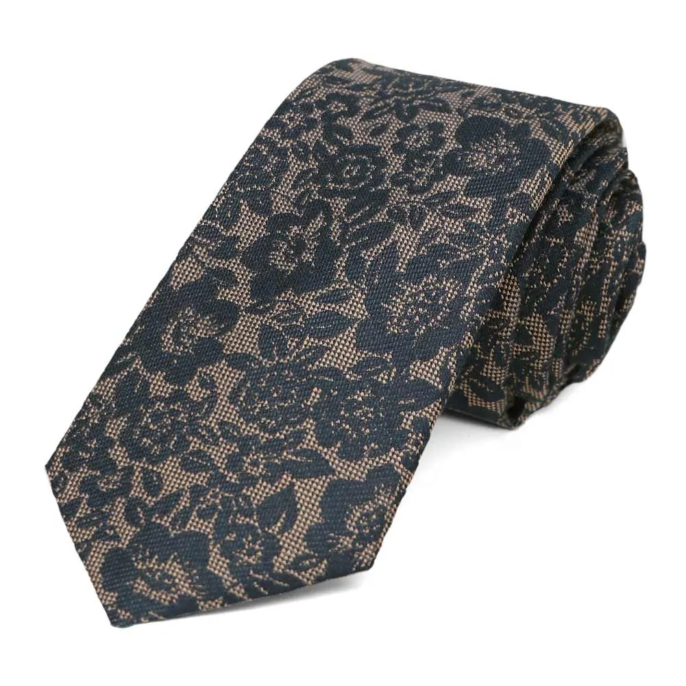 Navy Blue Journalist Floral Silk/Cotton Slim Necktie, 2.5" Width