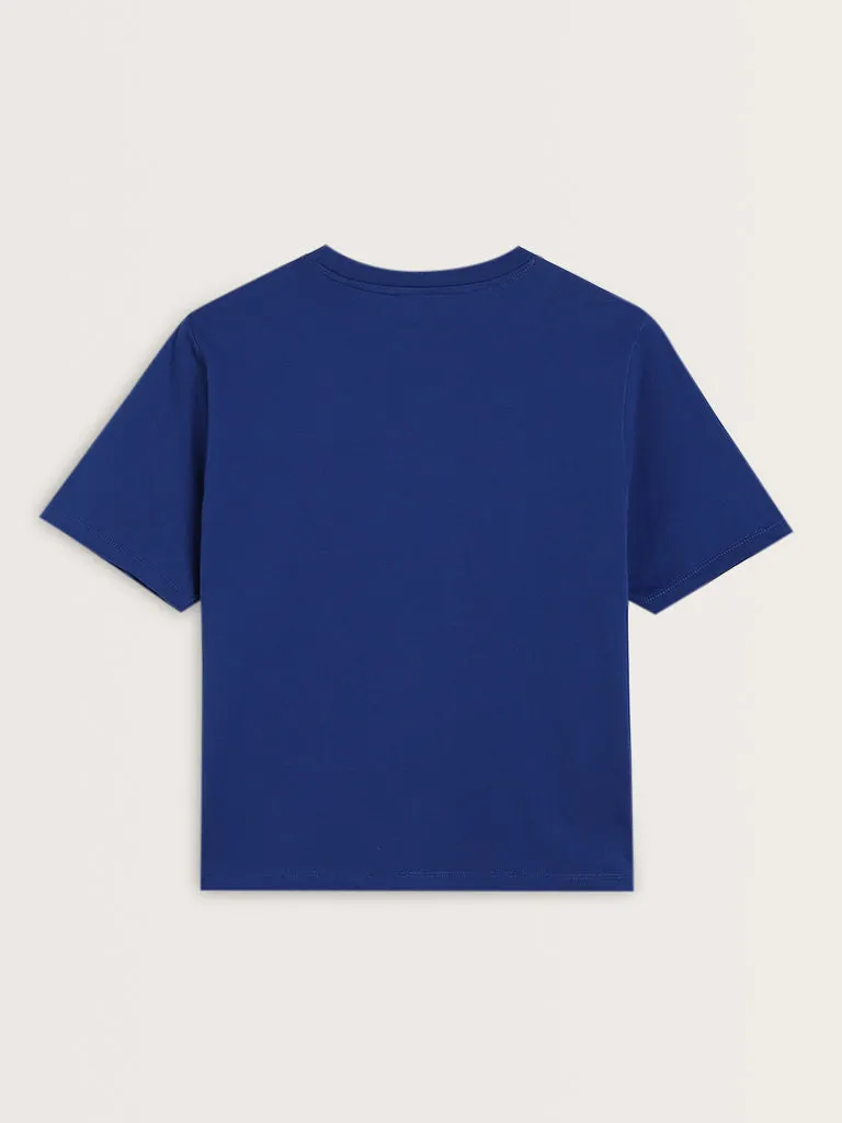 Nuon Dark Blue Text Printed Cotton T-Shirt