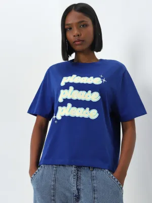 Nuon Dark Blue Text Printed Cotton T-Shirt