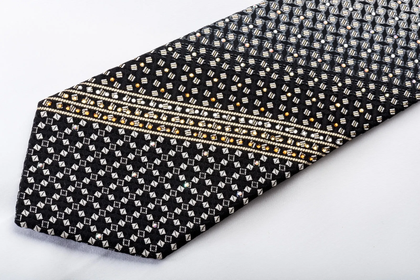 Pierre Cardin Men's Rhinestone Silk Necktie Silver Gold Geometric On Black