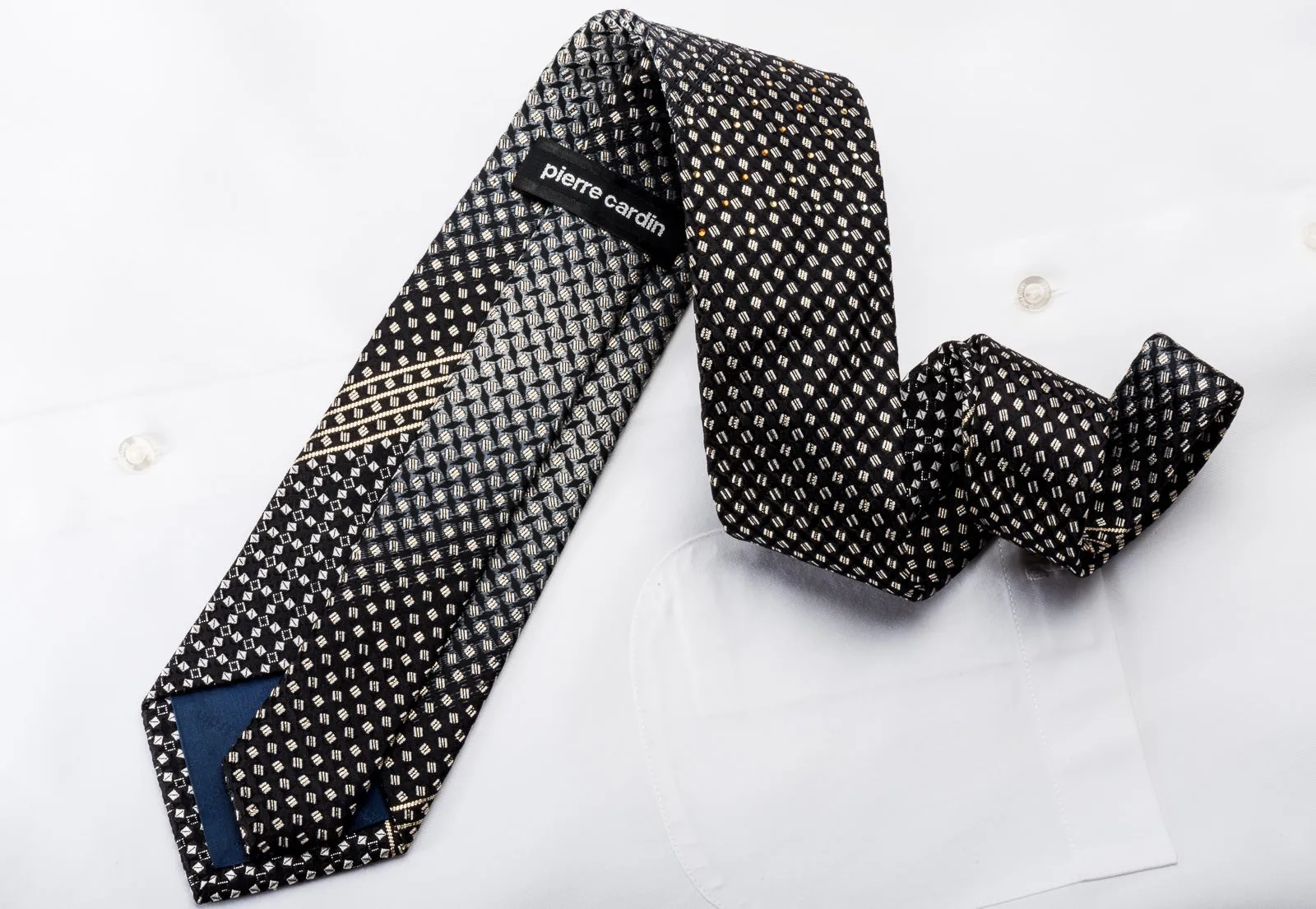 Pierre Cardin Men's Rhinestone Silk Necktie Silver Gold Geometric On Black