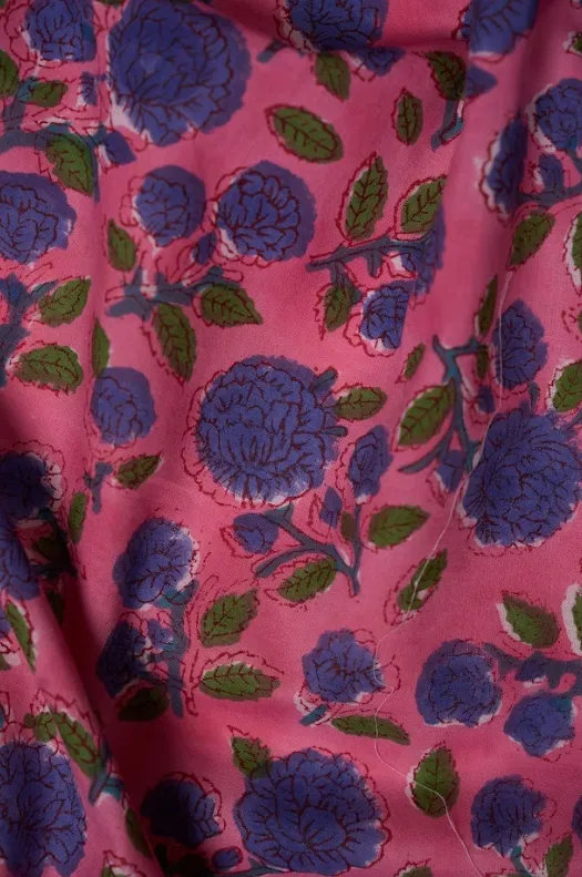 Pink Pure Cotton Bagru Hand Block Printed Fabric