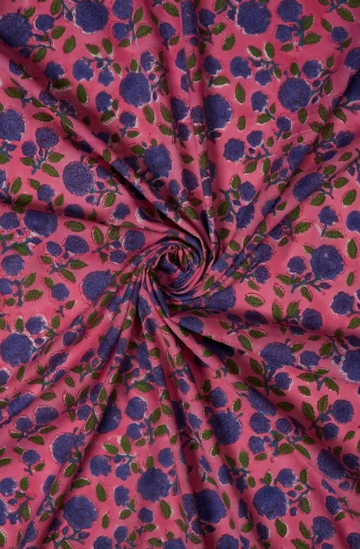 Pink Pure Cotton Bagru Hand Block Printed Fabric