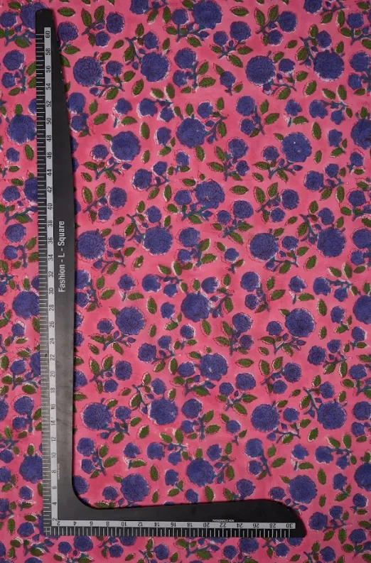 Pink Pure Cotton Bagru Hand Block Printed Fabric