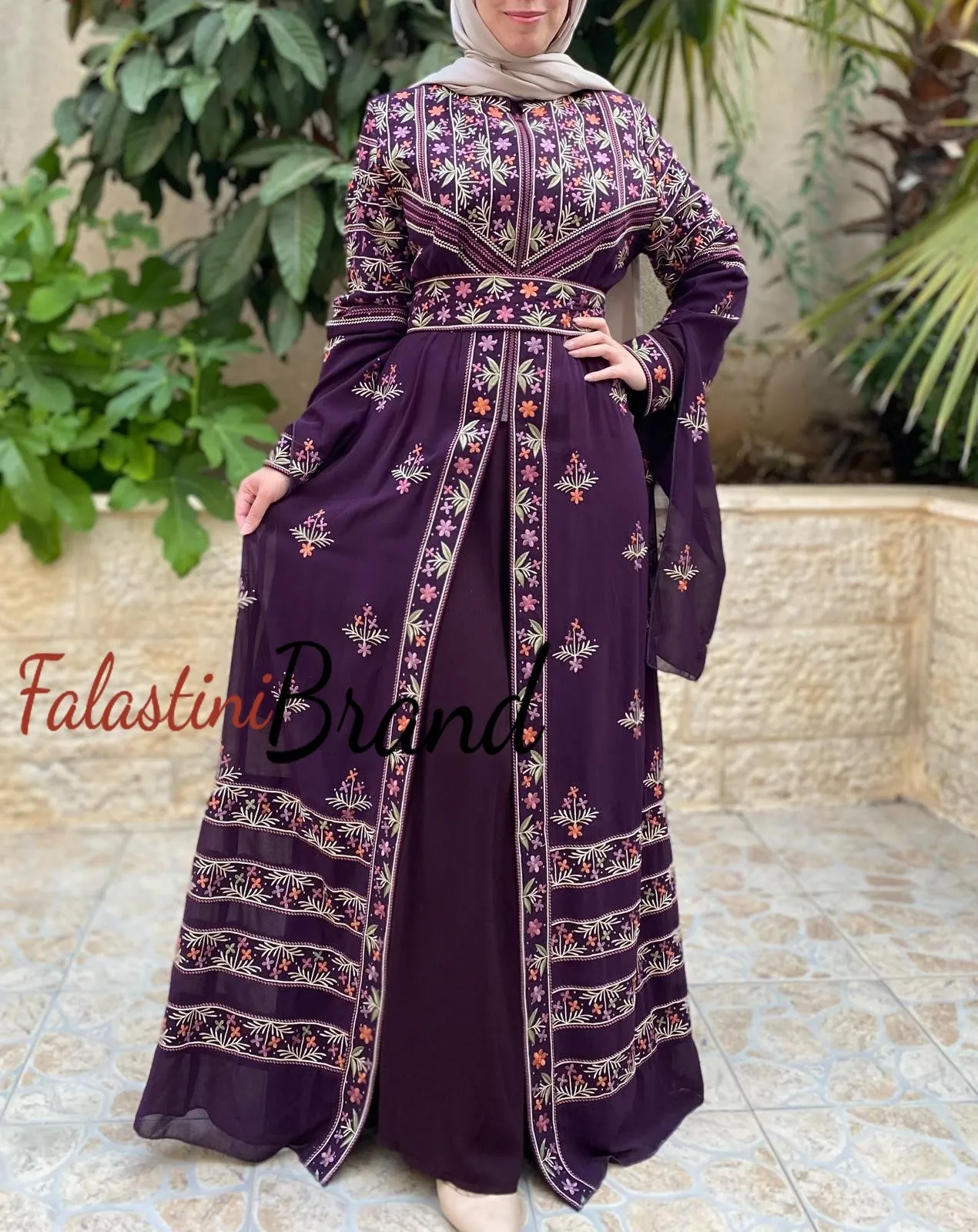 Purple 2-Pieces Embroidered Slit Sleeve Kaftan Dress