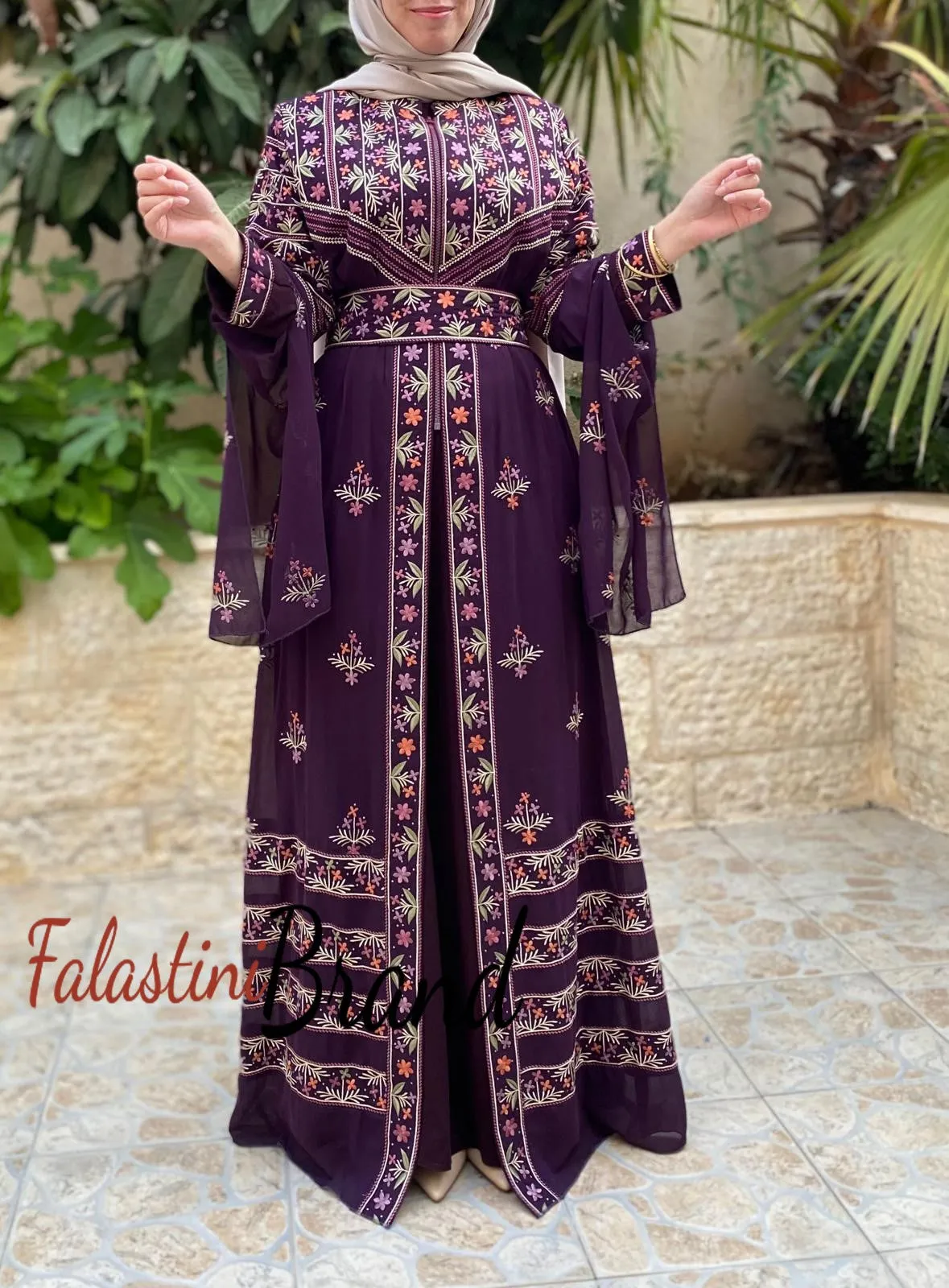 Purple 2-Pieces Embroidered Slit Sleeve Kaftan Dress