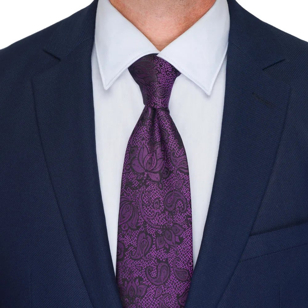 Purple Flowers and Paisley Motif Woven Silk Tie