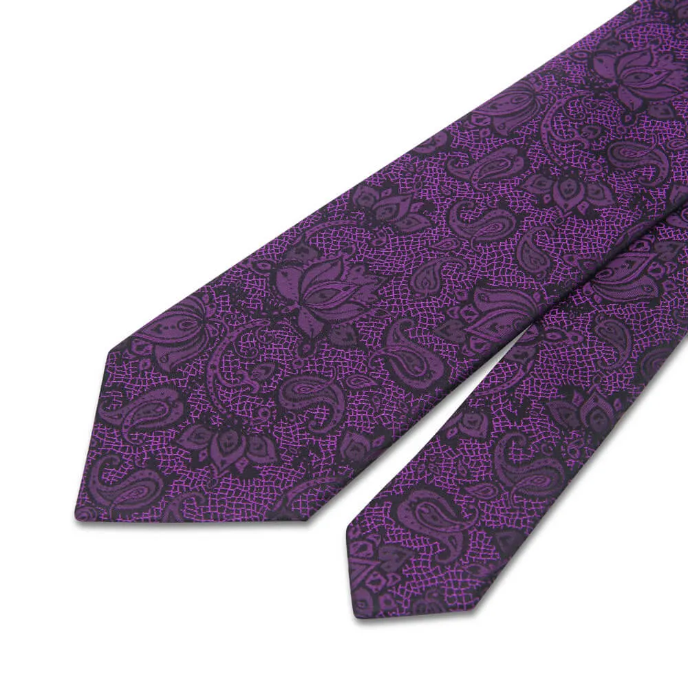 Purple Flowers and Paisley Motif Woven Silk Tie