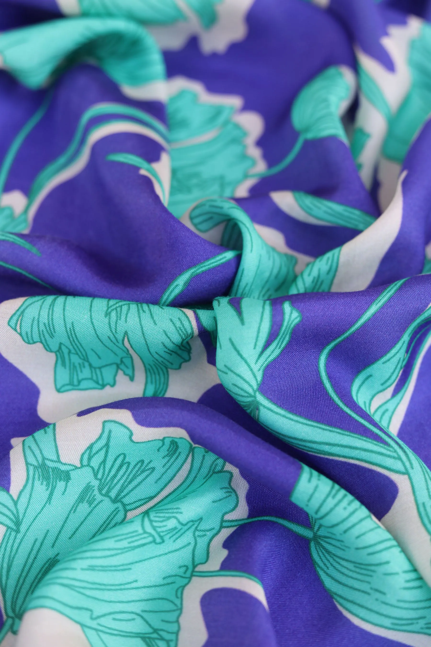 Purple Teal Floral Pattern Printed Natural Muslin Silk Fabric