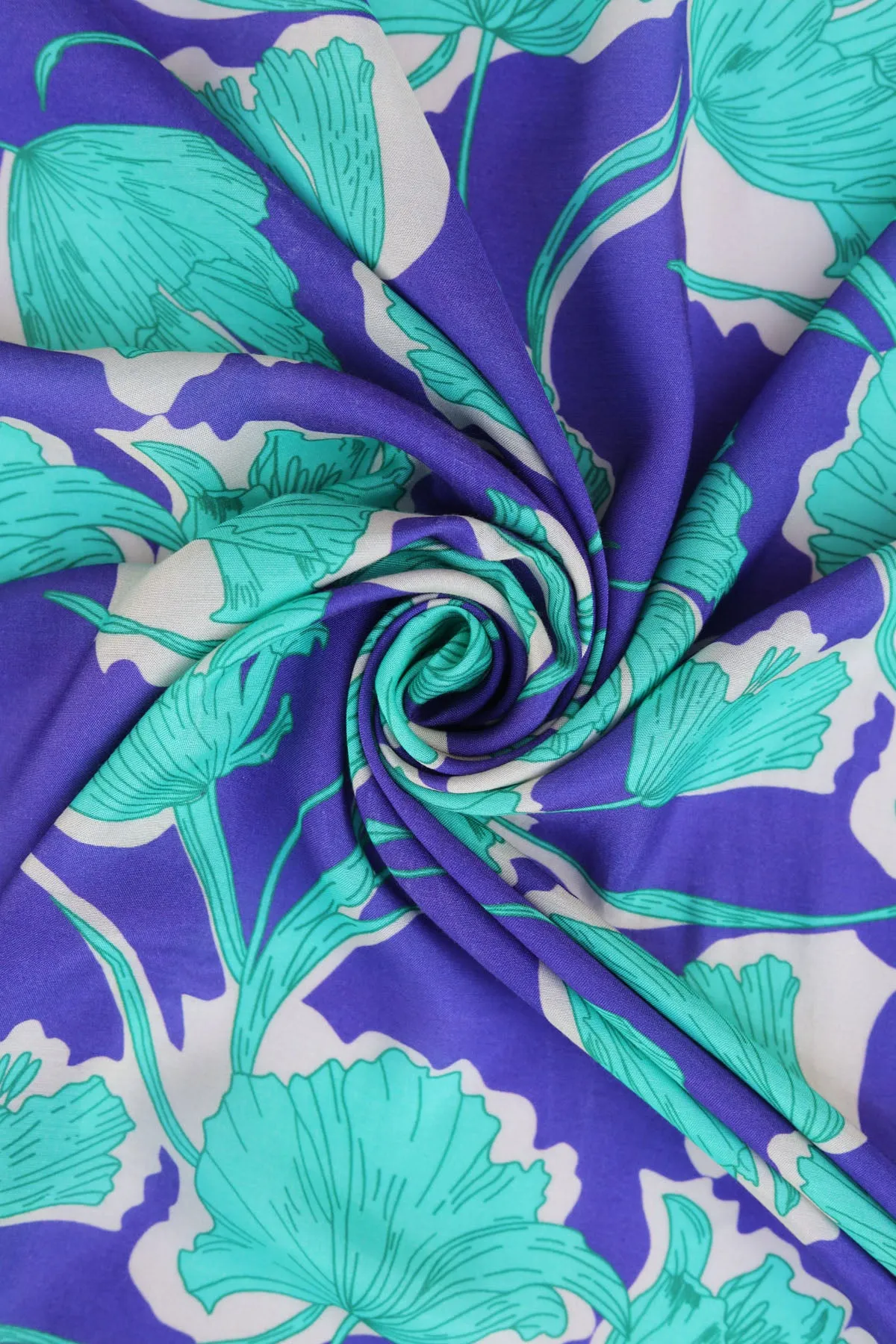 Purple Teal Floral Pattern Printed Natural Muslin Silk Fabric