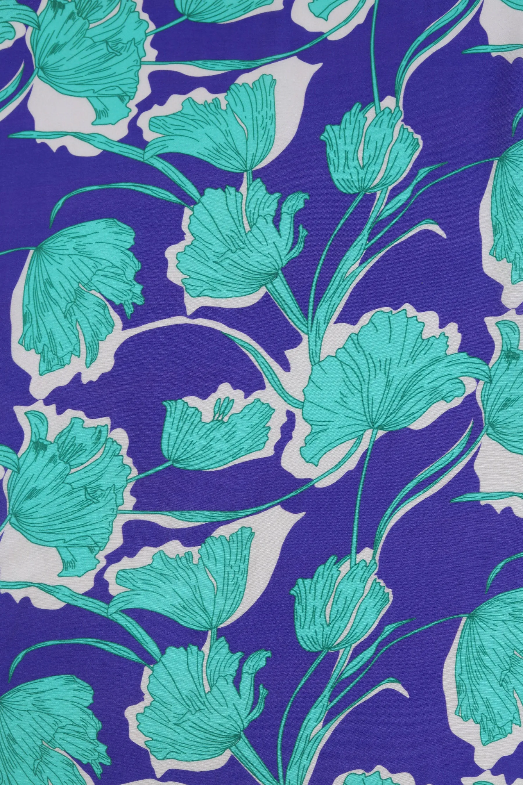 Purple Teal Floral Pattern Printed Natural Muslin Silk Fabric