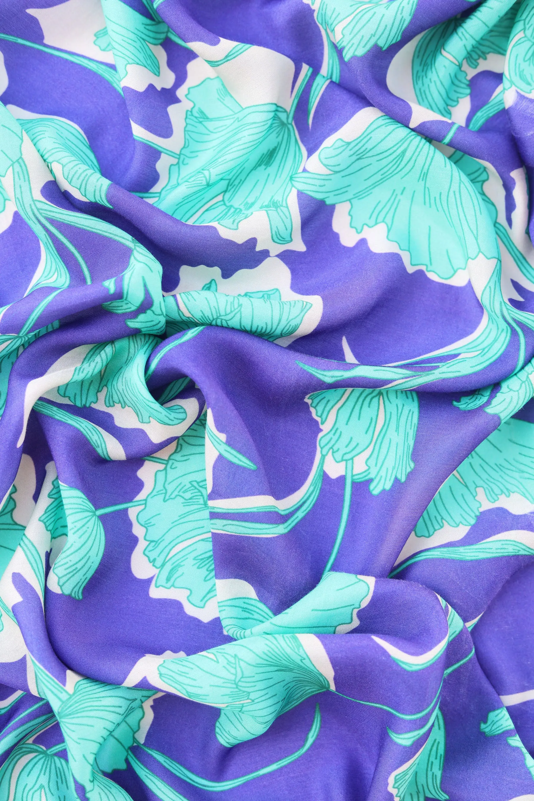 Purple Teal Floral Pattern Printed Natural Muslin Silk Fabric