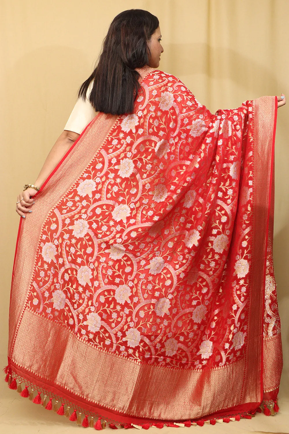 Red Banarasi Handloom Georgette Dupatta