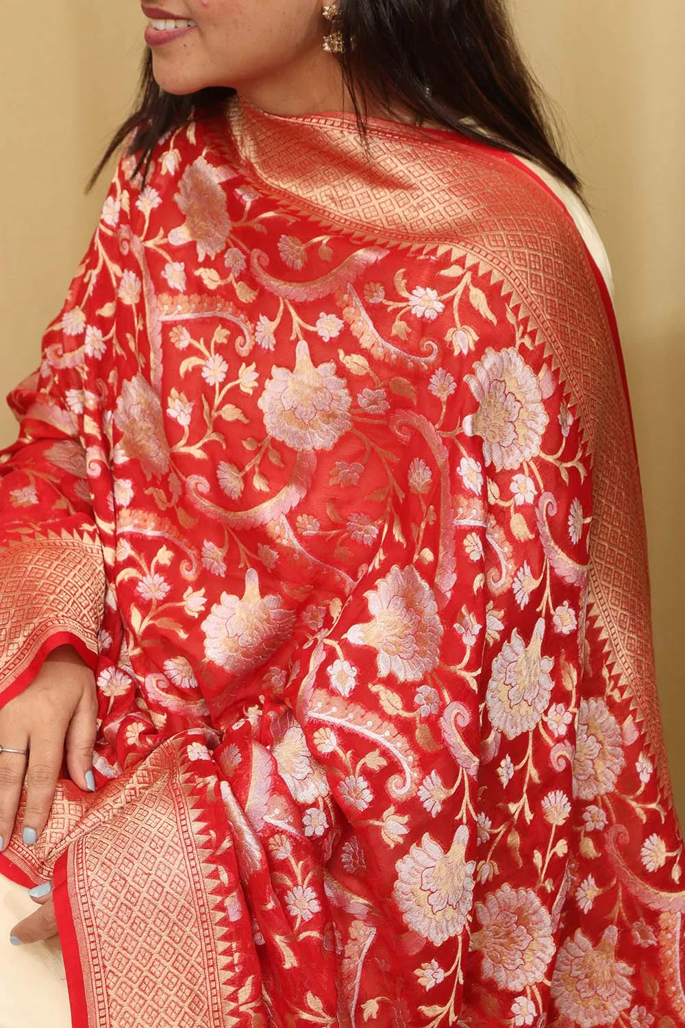 Red Banarasi Handloom Georgette Dupatta